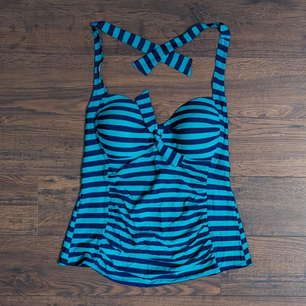 Merona Swimsuit Bikini Halter Top Teal Navy Striped Large